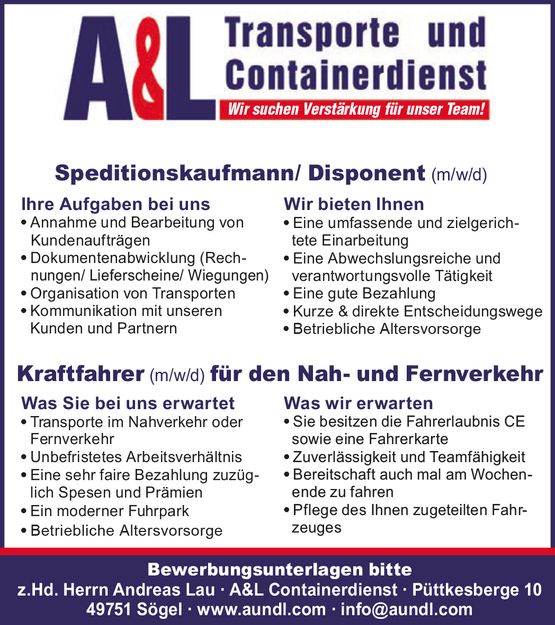A & L Transporte und Containerdienst - Mitarbeitersuche Speditionskaufmann/ Disponent